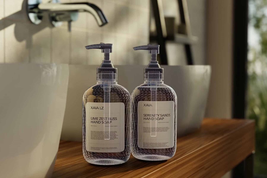 3D generated soap bottles in the a bathroom
