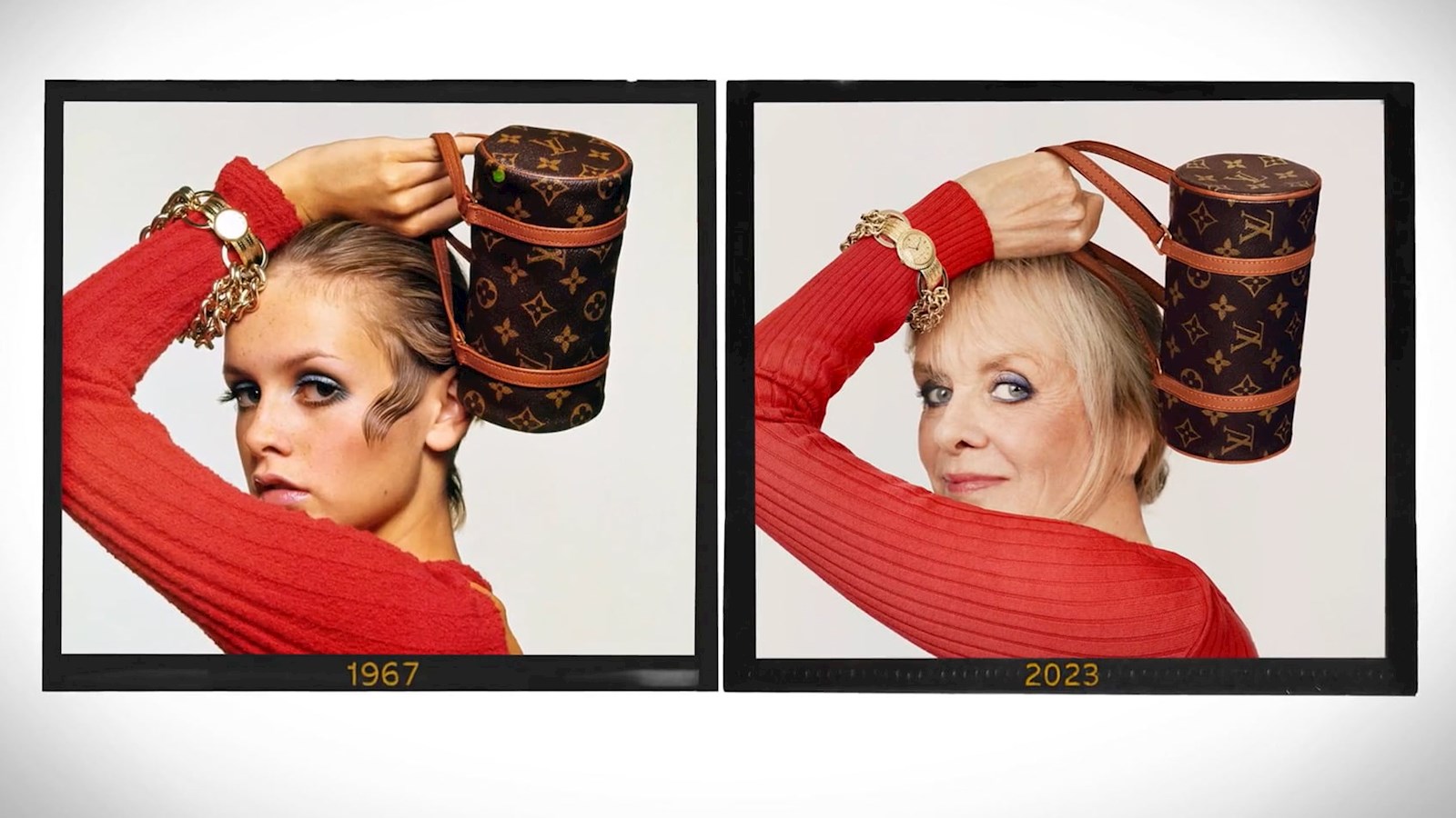 Polaroid of a British model Twiggy in 1967 wearing a red top and holding a Chanel bag over her head next to another polaroid replicating the image with Twiggy in 2023