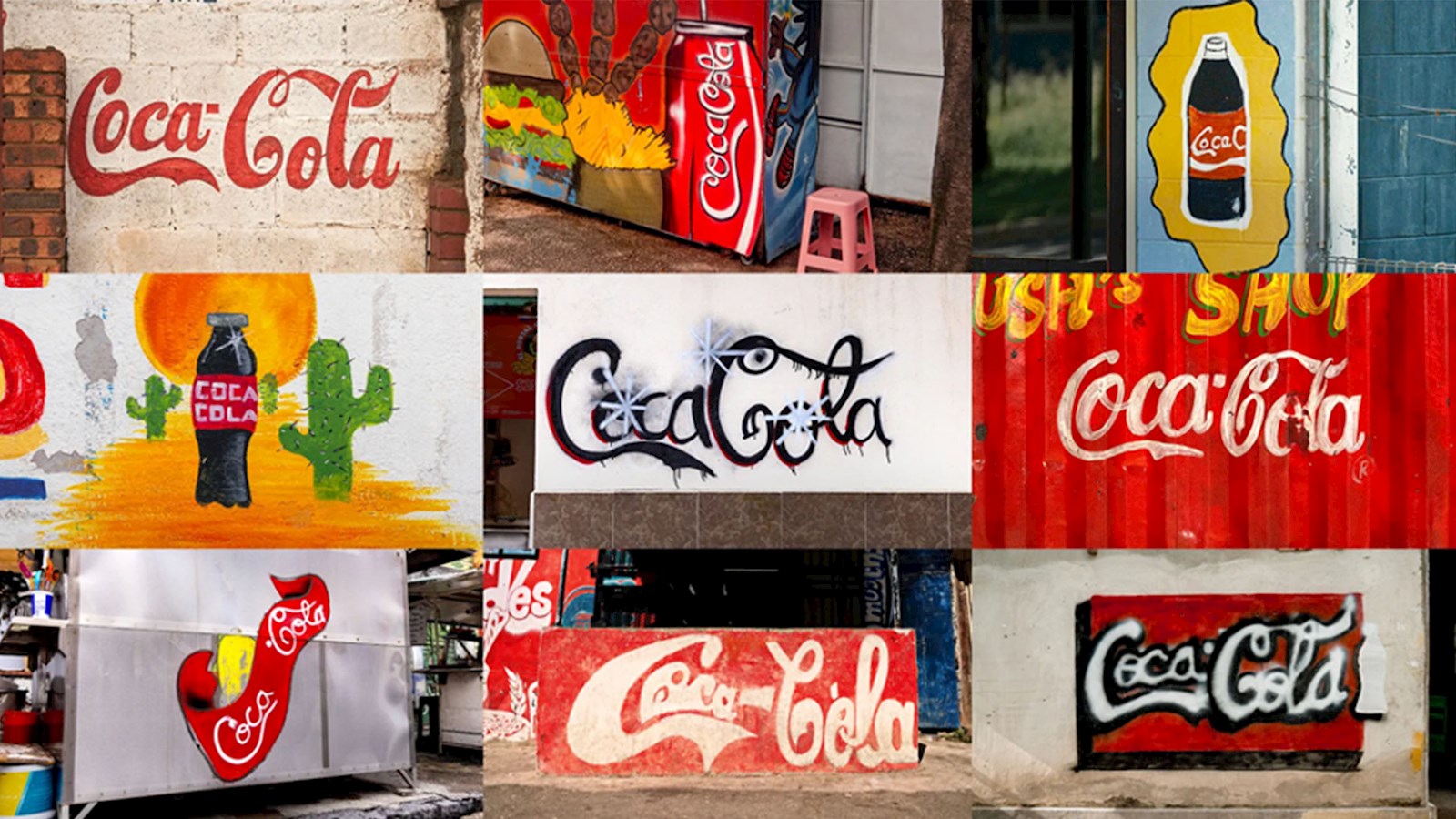 A collage of colourful hand painted murals of the Coca-cola logo