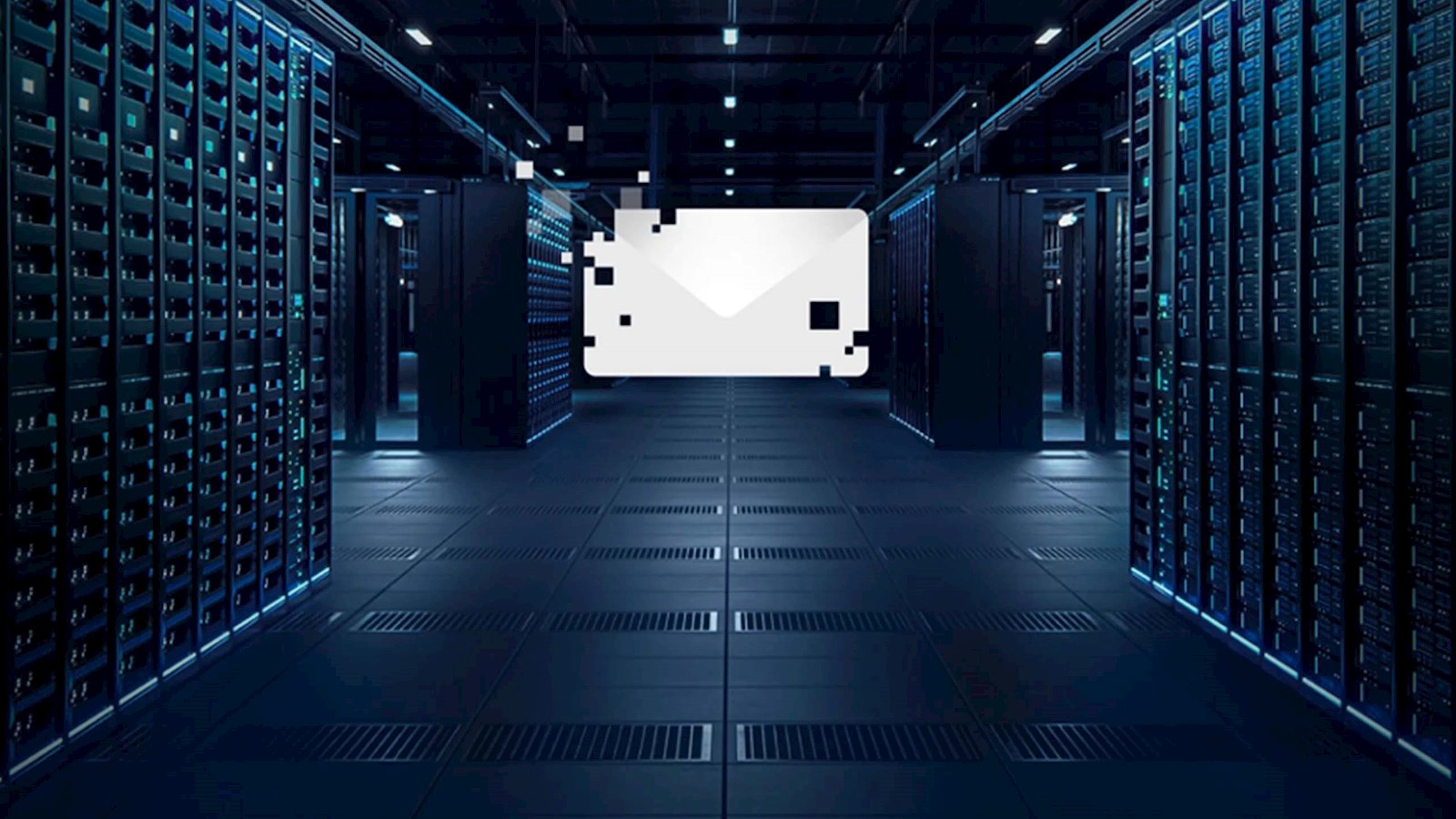 Perspective shot looking down a server room with an email icon in the middle
