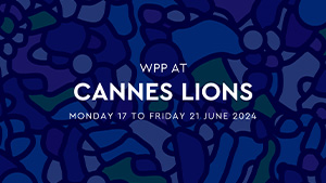 Abstract blue and green background with squiggly black lines and text reading "WPP at Cannes Lions 2024, Monday 17th June to Friday 21 June 2024"