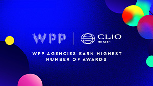 WPP and Clio Health logos on a blue background with colourful spheres and the text 'WPP agencies earn highest number of awards'