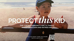 Young girl at the beach wearing a swimming costume and a cap giving a thumbs up with the text "Protect this kid"