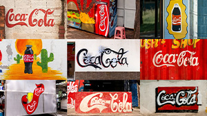 Collage of colourful murals of the Coca-Cola logo
