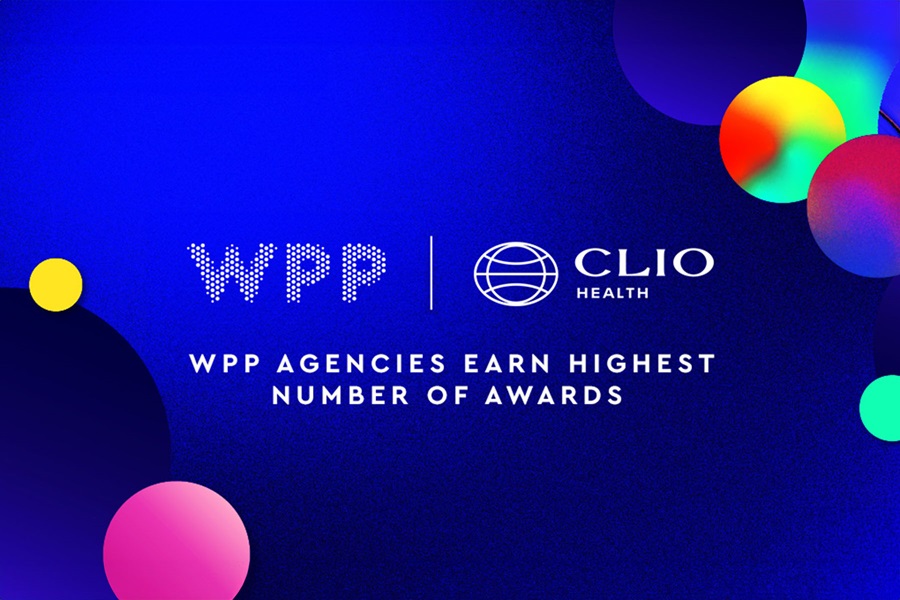 Blue background with multicoloured spheres with WPP and Clio Health logos and text 'WPP Agencies earn highest number of awards'