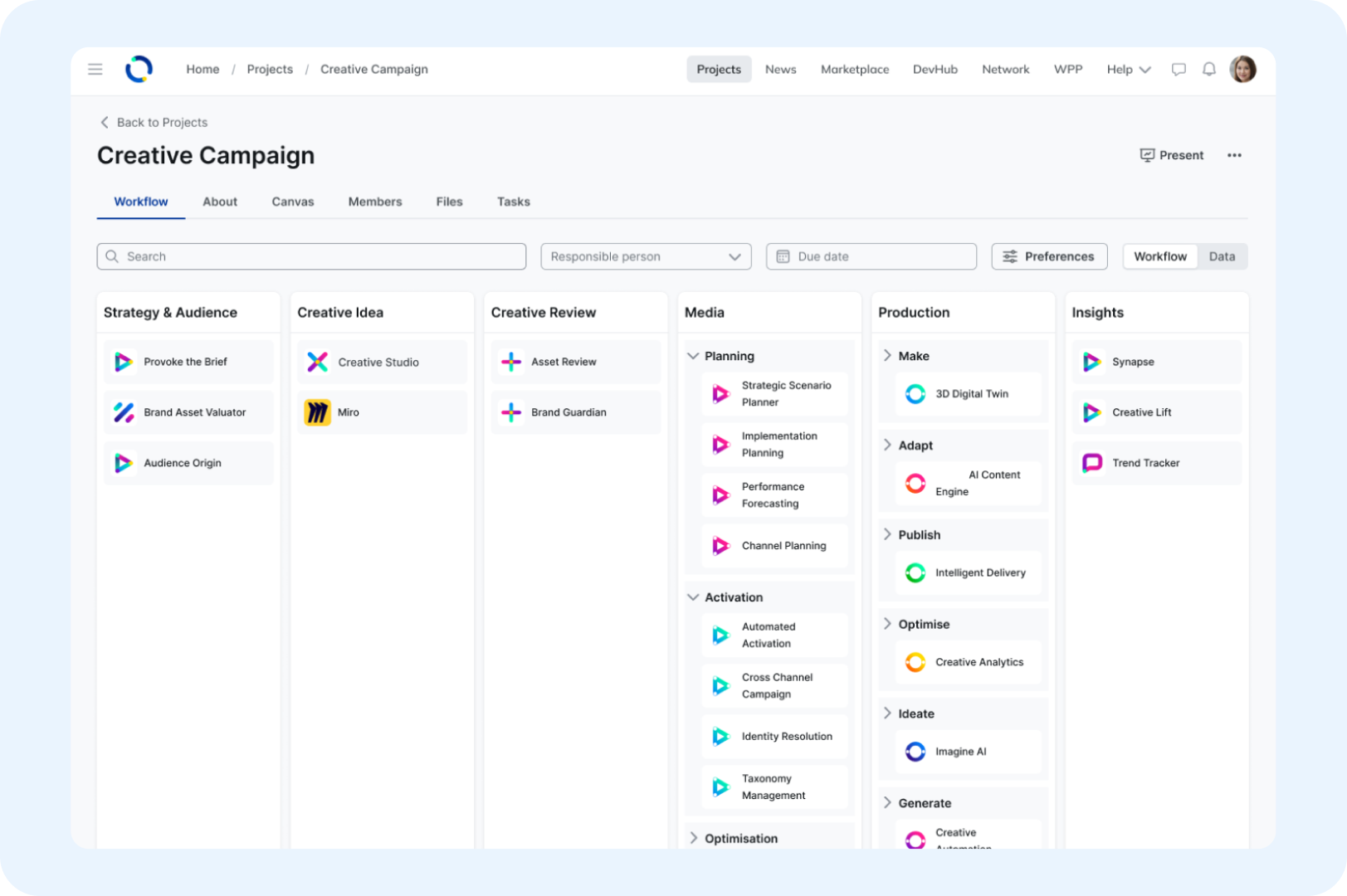 Screenshot from WPP Open showing project workflows